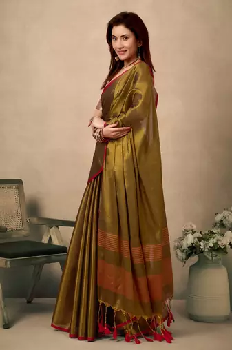 olive contrast weave pallu tissue silk saree with lining blouse