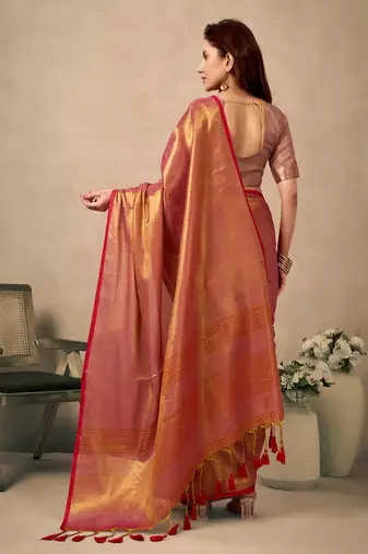 Margenta contrast weave pallu tissue silk Blend saree with lining blouse
