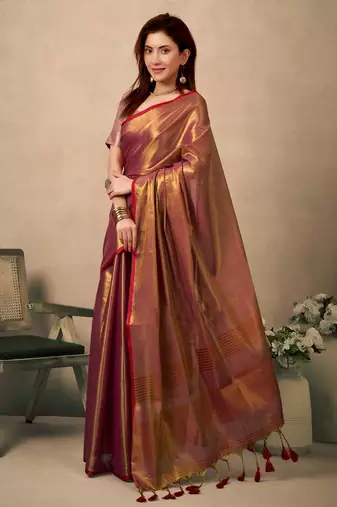 Margenta contrast weave pallu tissue silk Blend saree with lining blouse