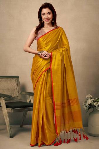 Mustard contrast weave pallu tissue silk saree with lining blouse