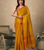 Mustard contrast weave pallu tissue silk saree with lining blouse