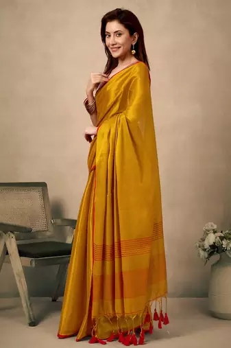 Mustard contrast weave pallu tissue silk saree with lining blouse