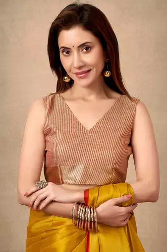 Mustard contrast weave pallu tissue silk saree with lining blouse