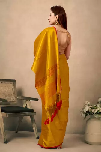 Mustard contrast weave pallu tissue silk saree with lining blouse