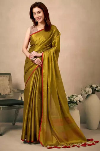 Green contrast weave pallu tissue silk saree with lining blouse