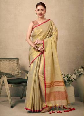 Lemon contrast weave pallu tissue silk saree with lining blouse 1