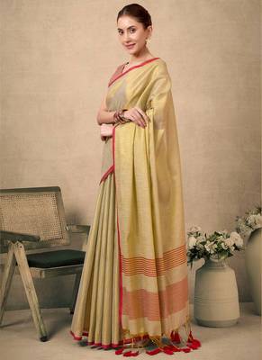 Lemon contrast weave pallu tissue silk saree with lining blouse 2