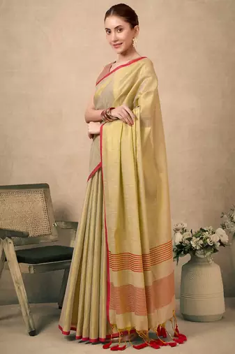 Lemon contrast weave pallu tissue silk saree with lining blouse