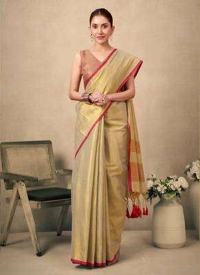 Lemon contrast weave pallu tissue silk saree with lining blouse 3