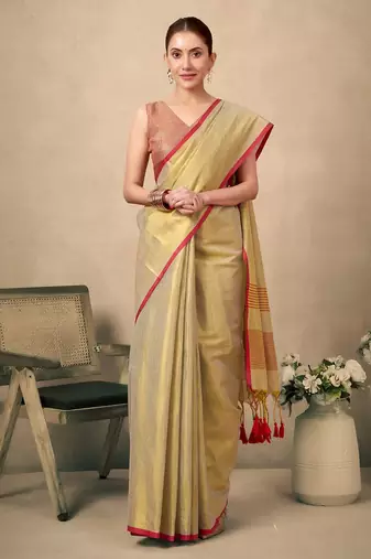 Lemon contrast weave pallu tissue silk saree with lining blouse