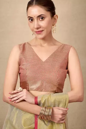 Lemon contrast weave pallu tissue silk saree with lining blouse