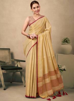 Cream contrast weave pallu tissue silk saree with lining blouse 1