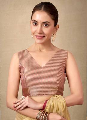 Cream contrast weave pallu tissue silk saree with lining blouse 3