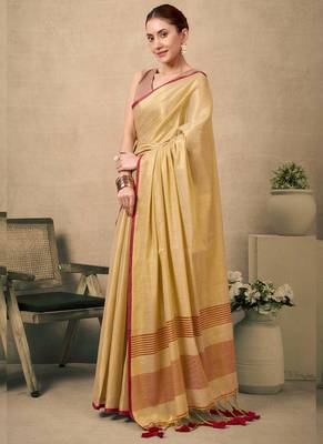 Cream contrast weave pallu tissue silk saree with lining blouse 4