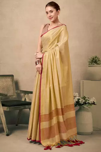 Cream contrast weave pallu tissue silk saree with lining blouse