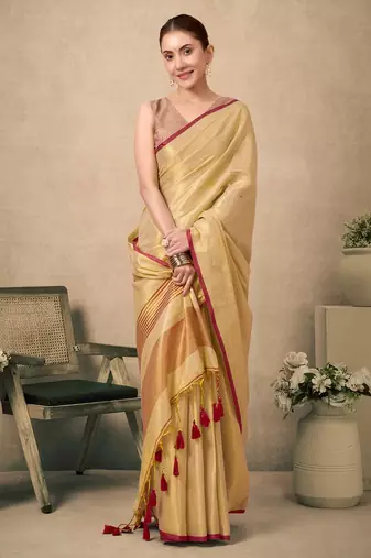 Cream contrast weave pallu tissue silk saree with lining blouse