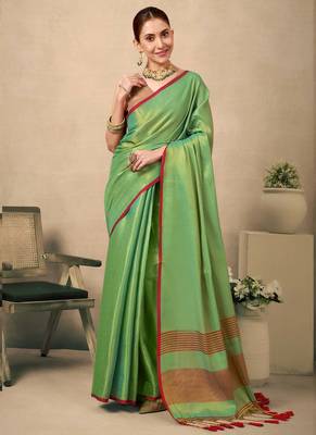 Light green contrast weave pallu tissue silk saree with lining blouse 1