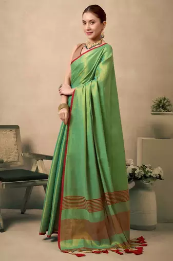 Light green contrast weave pallu tissue silk saree with lining blouse