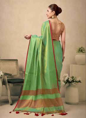 Light green contrast weave pallu tissue silk saree with lining blouse 3