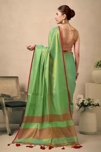 Light green contrast weave pallu tissue silk saree with lining blouse