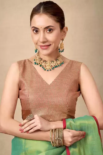 Light green contrast weave pallu tissue silk saree with lining blouse