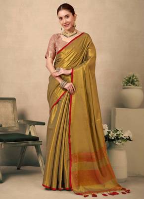 Mehendi contrast weave pallu tissue silk saree with lining blouse 1