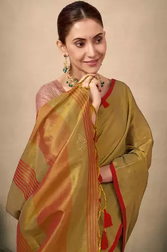 Mehendi contrast weave pallu tissue silk saree with lining blouse