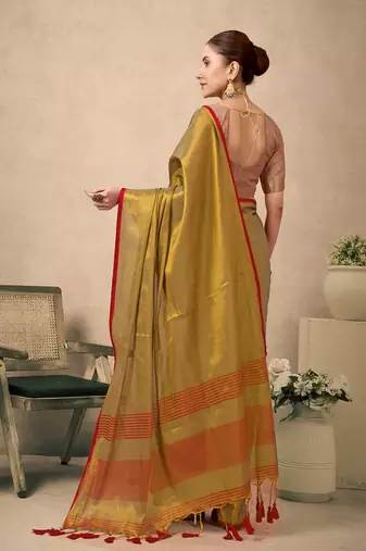 Mehendi contrast weave pallu tissue silk saree with lining blouse