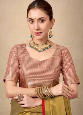 Mehendi contrast weave pallu tissue silk saree with lining blouse 5