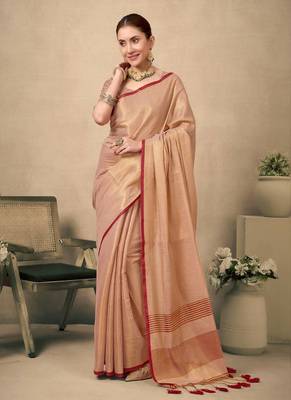 Peach contrast weave pallu tissue silk saree with lining blouse 1