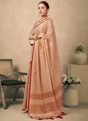 Peach contrast weave pallu tissue silk saree with lining blouse 2
