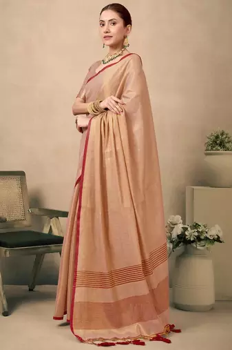 Peach contrast weave pallu tissue silk saree with lining blouse