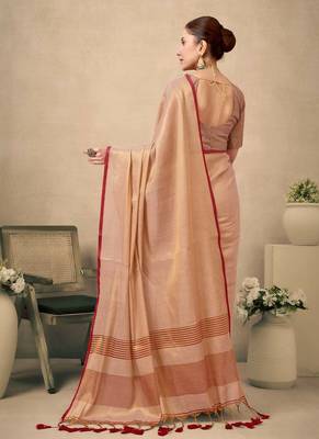 Peach contrast weave pallu tissue silk saree with lining blouse 3