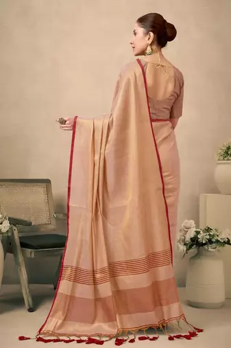 Peach contrast weave pallu tissue silk saree with lining blouse