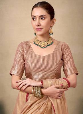 Peach contrast weave pallu tissue silk saree with lining blouse 5