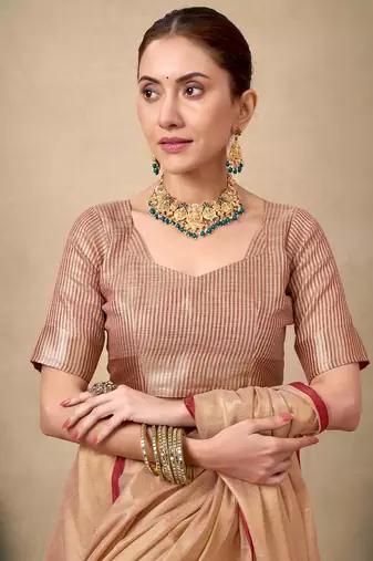 Peach contrast weave pallu tissue silk saree with lining blouse
