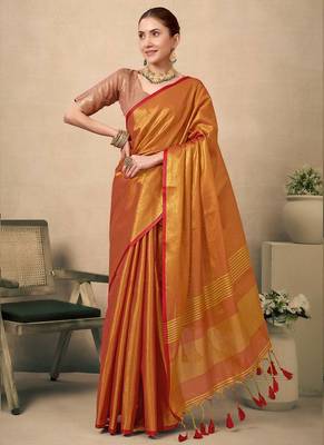 Kesar contrast weave pallu tissue silk saree with lining blouse 1