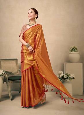 Kesar contrast weave pallu tissue silk saree with lining blouse 3