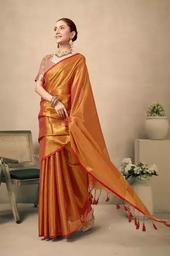 Kesar contrast weave pallu tissue silk saree with lining blouse