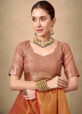 Kesar contrast weave pallu tissue silk saree with lining blouse 4