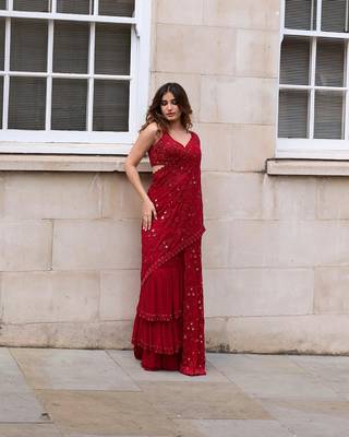 Red Georgette Embroidered Saree with Mirror Work and Ruffled Skirt 2