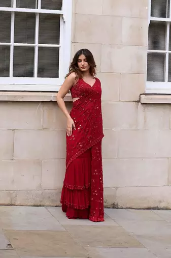 Red Georgette Embroidered Saree with Mirror Work and Ruffled Skirt