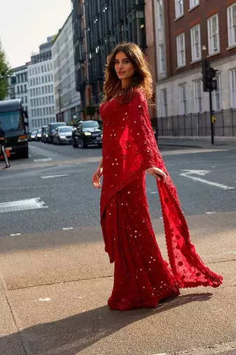 Red Georgette Embroidered Saree with Mirror Work and Ruffled Skirt