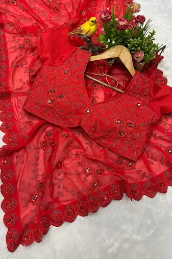 Red Georgette Embroidered Saree with Mirror Work and Ruffled Skirt