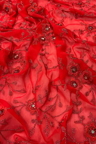Red Georgette Embroidered Saree with Mirror Work and Ruffled Skirt