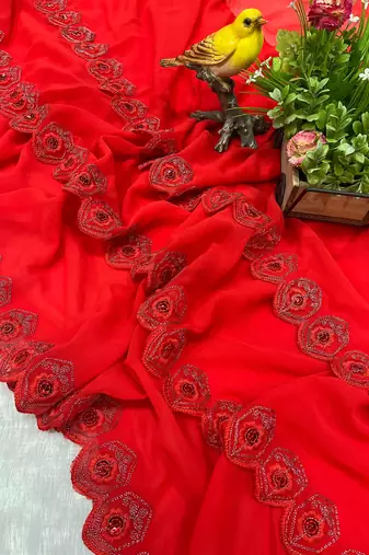 Red Georgette Embroidered Saree with Mirror Work and Ruffled Skirt