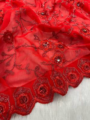 Red Georgette Embroidered Saree with Mirror Work and Ruffled Skirt 7