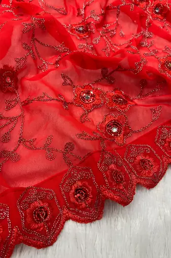 Red Georgette Embroidered Saree with Mirror Work and Ruffled Skirt