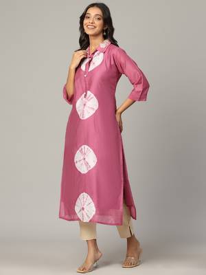 Pink sequence-moti-beads handwork & straight chanderi silk tie- dye kurti 2