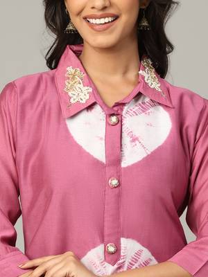 Pink sequence-moti-beads handwork & straight chanderi silk tie- dye kurti 3